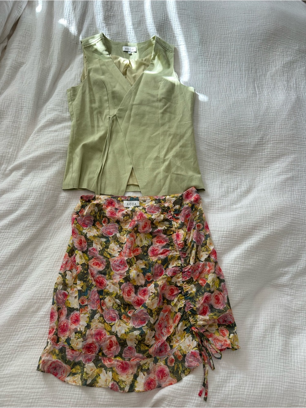ACOA Floral Ruched Mini Skirt Set with Sage Wrap Top